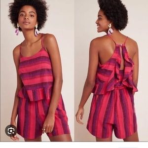 Anthropologie Amadi Striped Linen Blend Romper Size Large Ruffle Back NEW